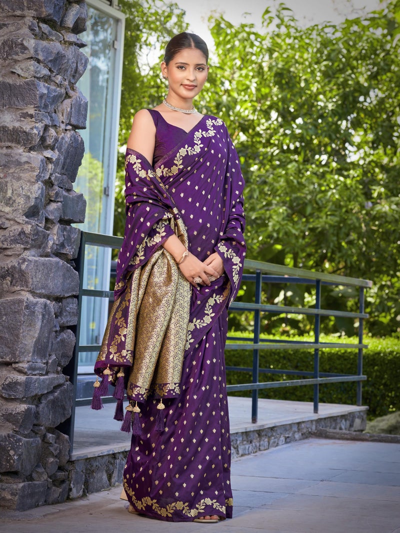 MANOHARI Women's Most Trendy Banarasi Satin Silk Woven Dark Purple Saree With Heavy Jacquard Work Saree With Blouse Piece_MN2061 - Image 5