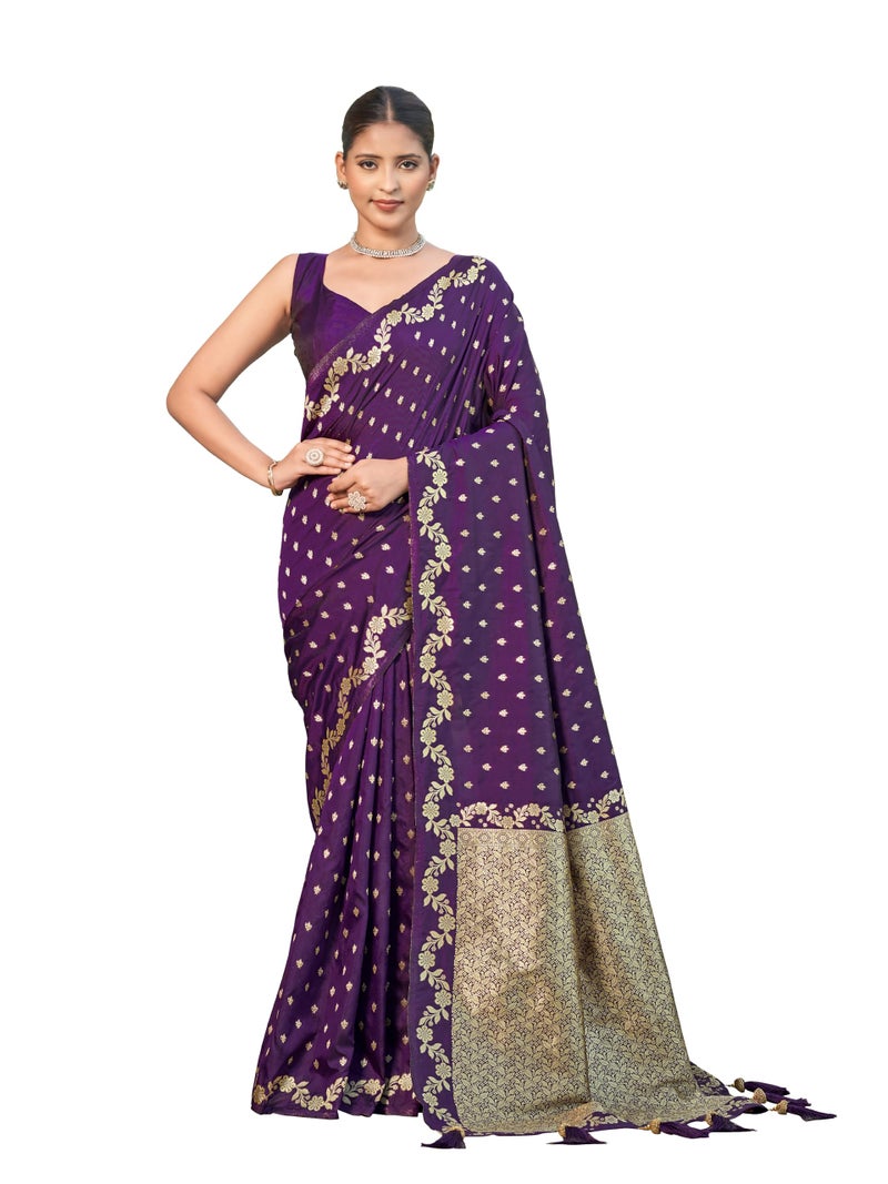 MANOHARI Women's Most Trendy Banarasi Satin Silk Woven Dark Purple Saree With Heavy Jacquard Work Saree With Blouse Piece_MN2061 - Image 1