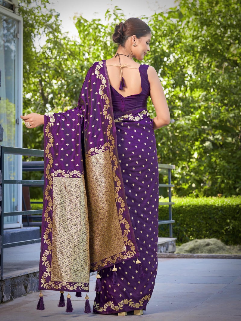 MANOHARI Women's Most Trendy Banarasi Satin Silk Woven Dark Purple Saree With Heavy Jacquard Work Saree With Blouse Piece_MN2061 - Image 3