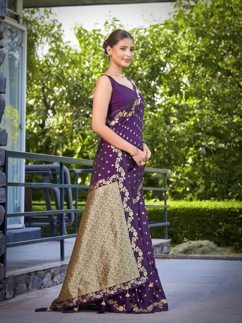 MANOHARI Women's Most Trendy Banarasi Satin Silk Woven Dark Purple Saree With Heavy Jacquard Work Saree With Blouse Piece_MN2061 - Image 4