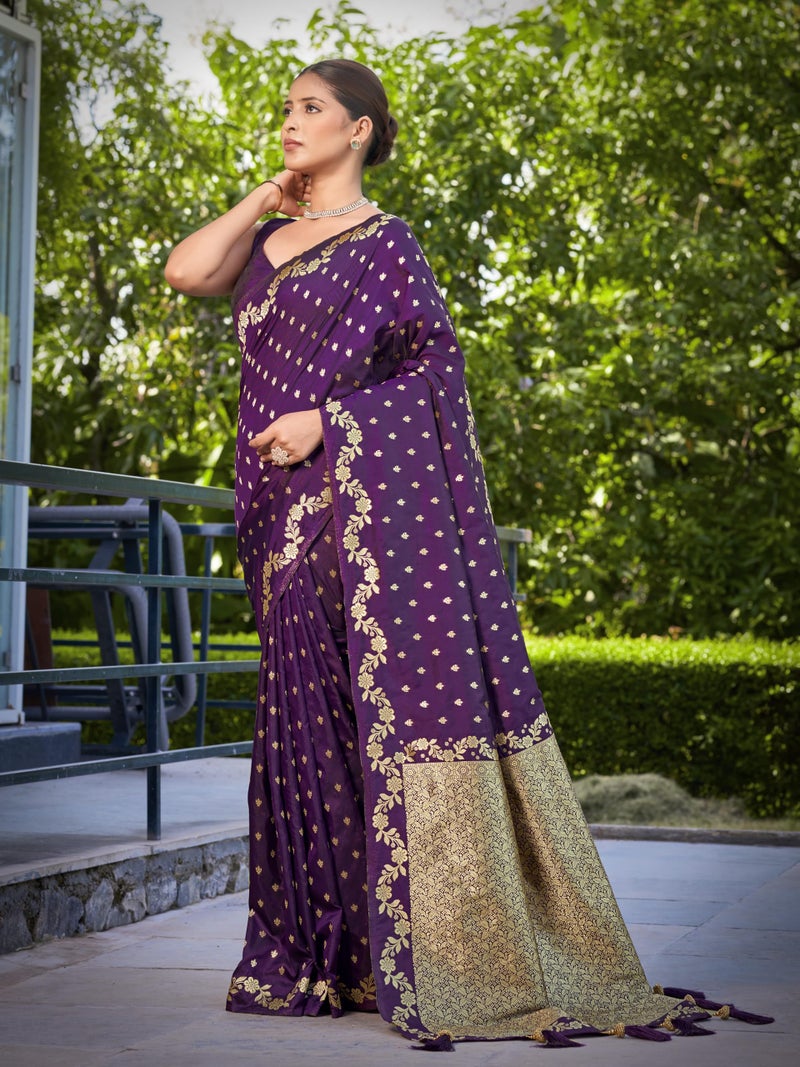 MANOHARI Women's Most Trendy Banarasi Satin Silk Woven Dark Purple Saree With Heavy Jacquard Work Saree With Blouse Piece_MN2061 - Image 2
