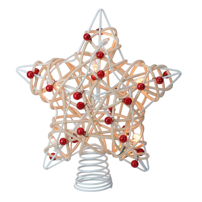 Birch Holly Berry Rattan Star Lighted Christmas Tree Topper 11 Inch UL4295 New