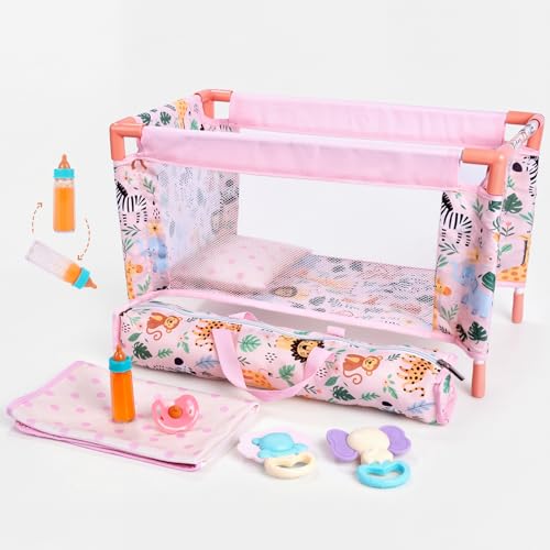 BABESIDE 8PCS Baby Doll Crib for 18 Dolls Baby Doll Bed with Storage Bag and Bedding Accessories Toy Crib Doll Furniture for Girls Age 3Reborn Baby Doll Accessories Gift for Kids Age 3 - Image 1