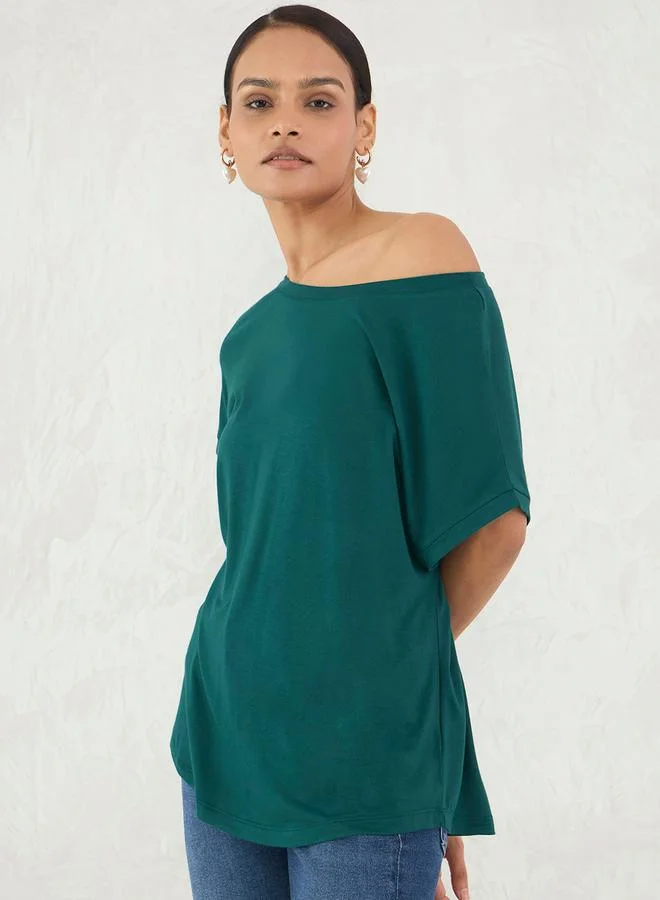 Femmella Green Knit Off Shoulder Regular Fit Top