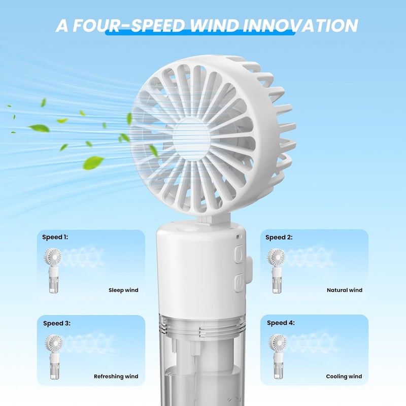 Excefore Mini Handheld Fan with Water Mist Spray - USB Rechargeable Portable Fan with 4 Speeds, Folding Design, and 55ml Water Bottle - Powerful Travel Desk Fan for Holiday, White - Image 2