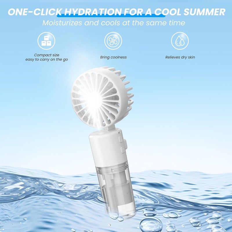 Excefore Mini Handheld Fan with Water Mist Spray - USB Rechargeable Portable Fan with 4 Speeds, Folding Design, and 55ml Water Bottle - Powerful Travel Desk Fan for Holiday, White - Image 3