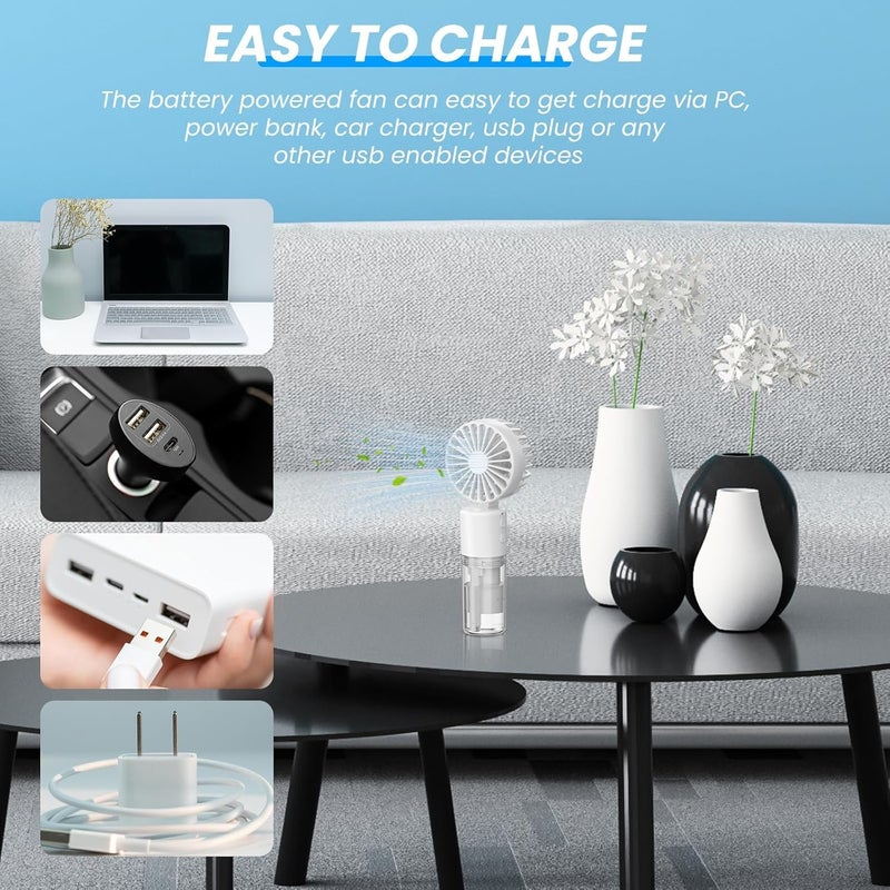 Excefore Mini Handheld Fan with Water Mist Spray - USB Rechargeable Portable Fan with 4 Speeds, Folding Design, and 55ml Water Bottle - Powerful Travel Desk Fan for Holiday, White - Image 5