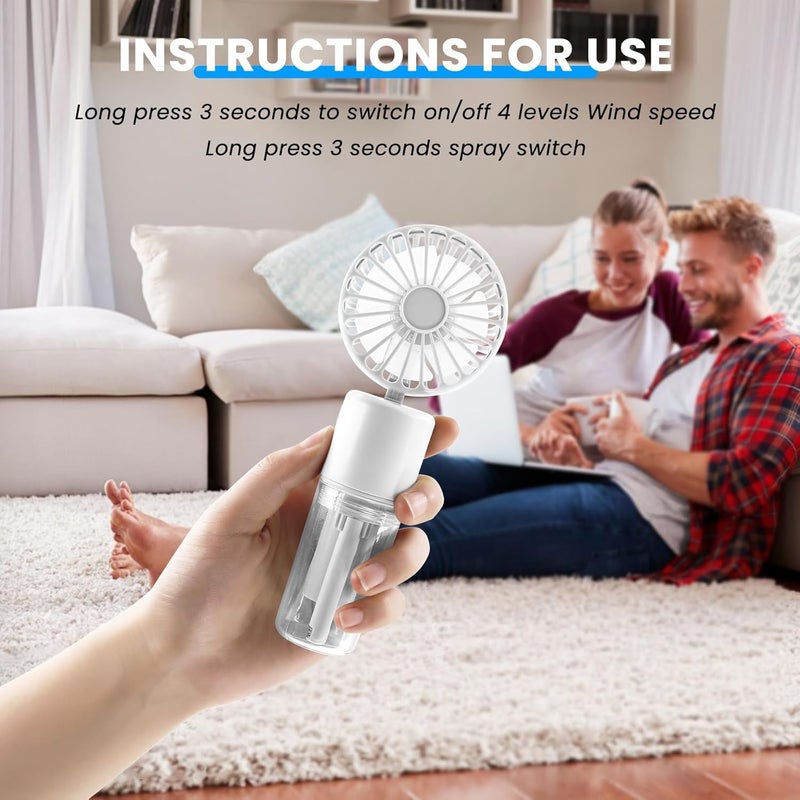 Excefore Mini Handheld Fan with Water Mist Spray - USB Rechargeable Portable Fan with 4 Speeds, Folding Design, and 55ml Water Bottle - Powerful Travel Desk Fan for Holiday, White - Image 4
