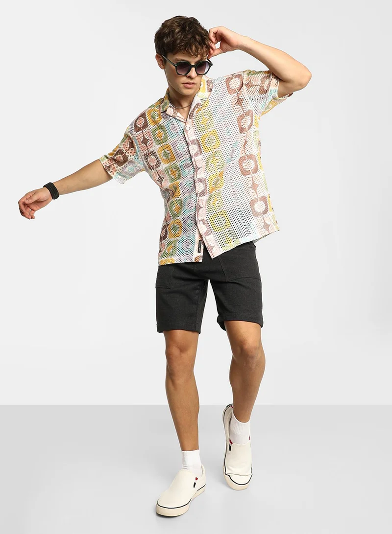 Campus Sutra Men's Lemon Yellow & Chocolate Brown Geometric Block Oversized Shirt