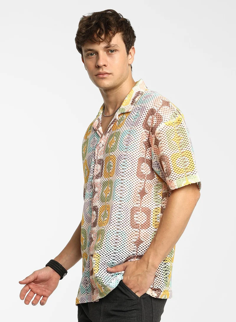 Campus Sutra Men's Lemon Yellow & Chocolate Brown Geometric Block Oversized Shirt