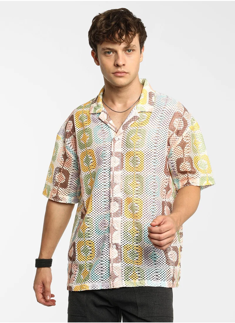 كامبوس سوترا Men's Lemon Yellow & Chocolate Brown Geometric Block Oversized Shirt