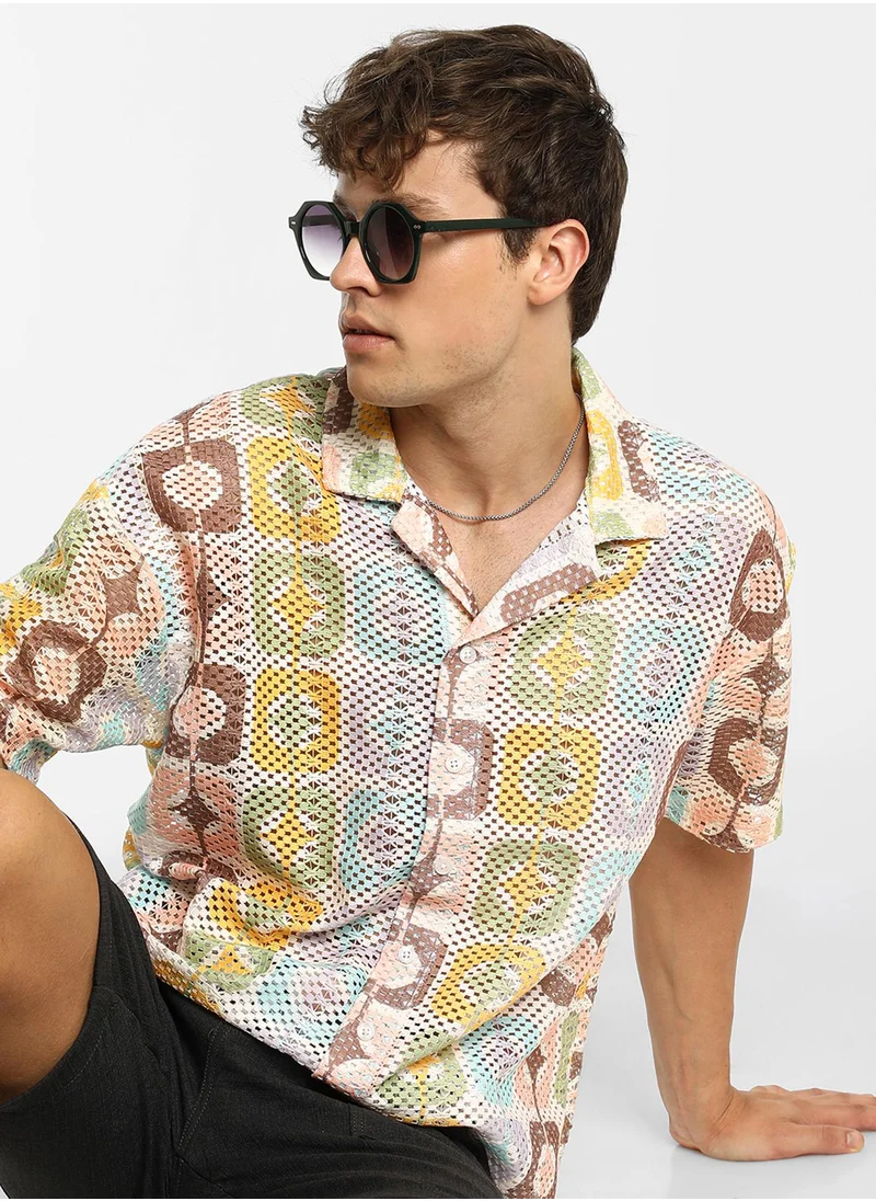 كامبوس سوترا Men's Lemon Yellow & Chocolate Brown Geometric Block Oversized Shirt
