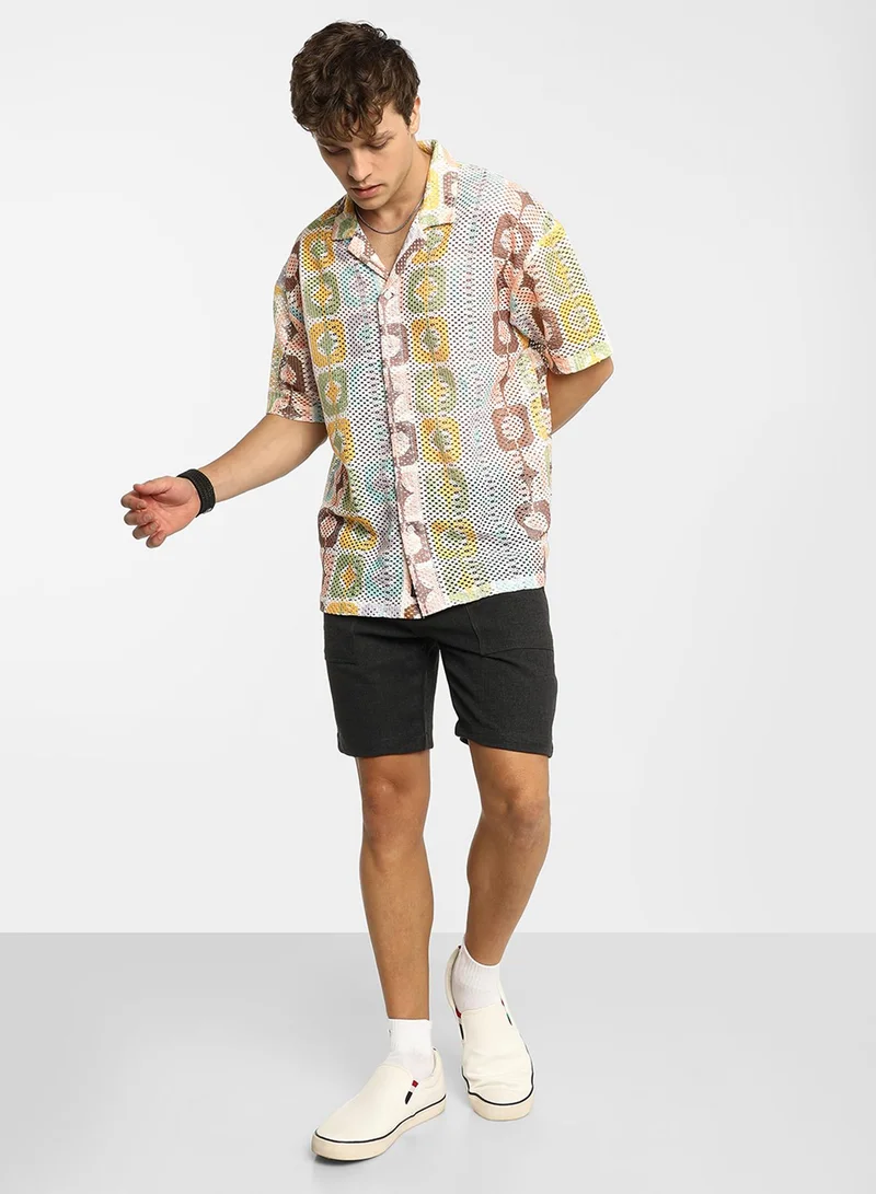 Campus Sutra Men's Lemon Yellow & Chocolate Brown Geometric Block Oversized Shirt
