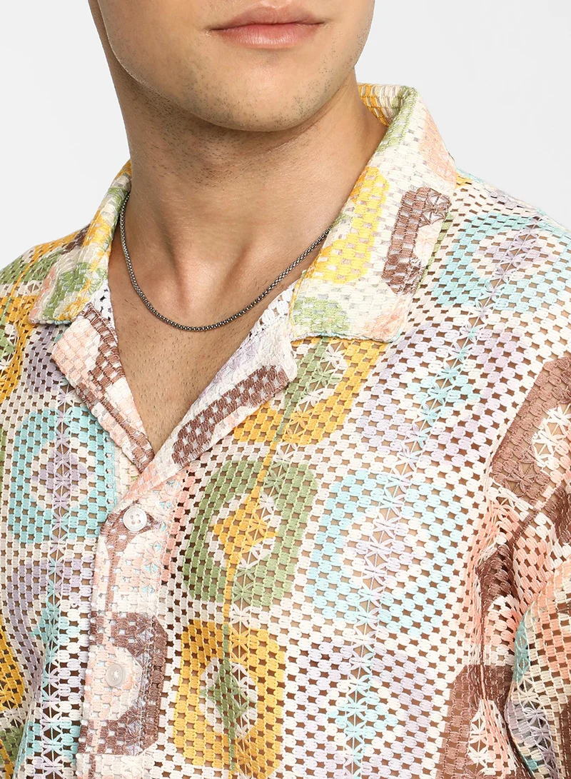 Campus Sutra Men's Lemon Yellow & Chocolate Brown Geometric Block Oversized Shirt