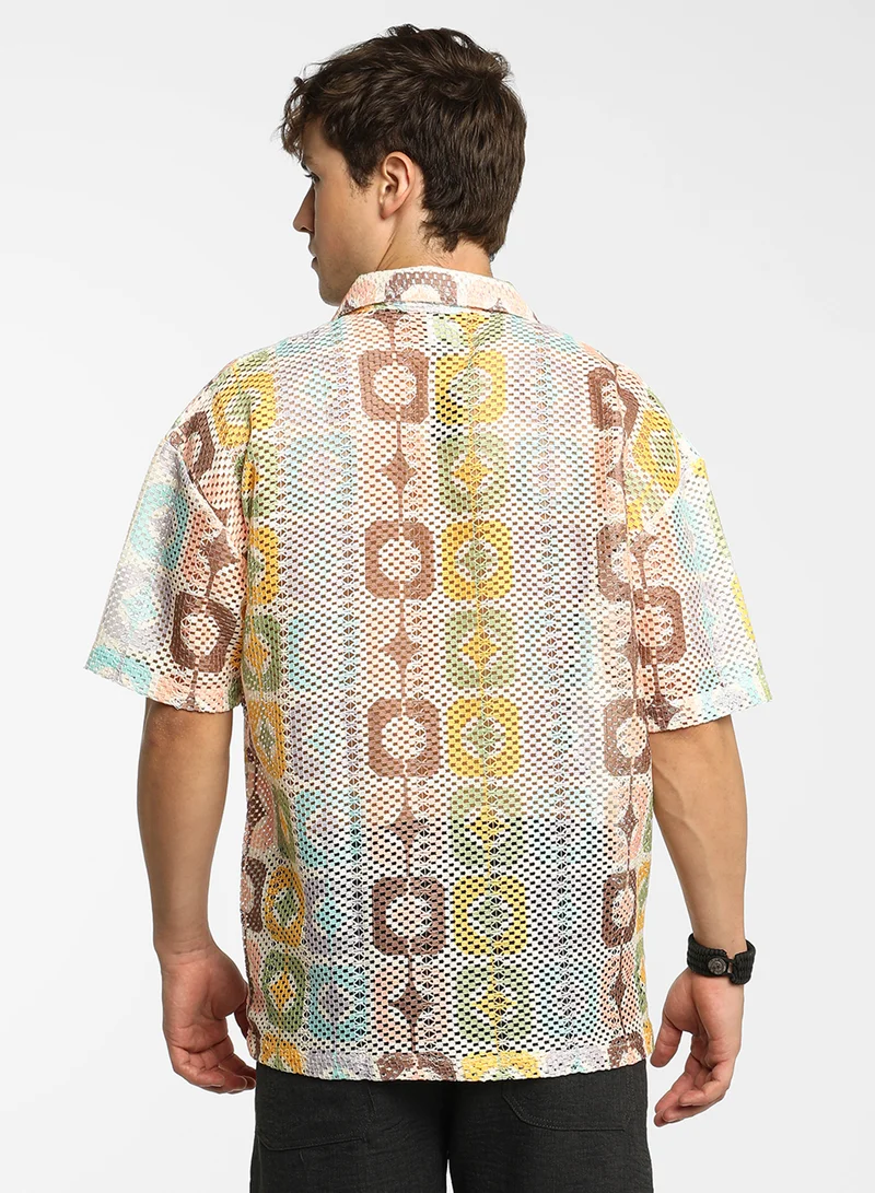 Campus Sutra Men's Lemon Yellow & Chocolate Brown Geometric Block Oversized Shirt