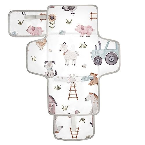 WELLDAY Farm House Animals Portable Diaper Changing Pad Waterproof Foldable Baby Diaper Changing Pad with Builtin Pillow Travel Diaper Changing Mat for Newborn Baby - Image 1