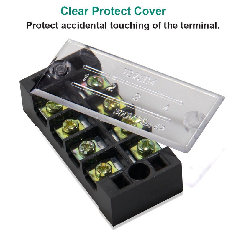 MILAPEAK Terminal Block and Strip - 12pcs (6 Sets) 4 Positions Dual Row 600V 25A Screw Terminal Strip Blocks with Cover + 400V 25A 4 Positions Pre-Insulated Terminals Barrier Strip Black & Red - Image 3