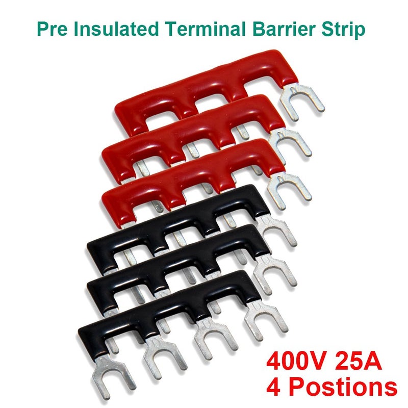 MILAPEAK Terminal Block and Strip - 12pcs (6 Sets) 4 Positions Dual Row 600V 25A Screw Terminal Strip Blocks with Cover + 400V 25A 4 Positions Pre-Insulated Terminals Barrier Strip Black & Red - Image 5