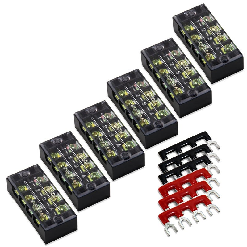 MILAPEAK Terminal Block and Strip - 12pcs (6 Sets) 4 Positions Dual Row 600V 25A Screw Terminal Strip Blocks with Cover + 400V 25A 4 Positions Pre-Insulated Terminals Barrier Strip Black & Red - Image 1