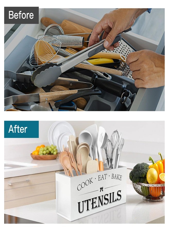 Suli Extra Large Kitchen Utensils Holder with 4 Compartments, Wooden Utensil Organizer for Countertop, Farmhouse Kitchen Decor, Rustic Cooking Utensil - White - Image 3