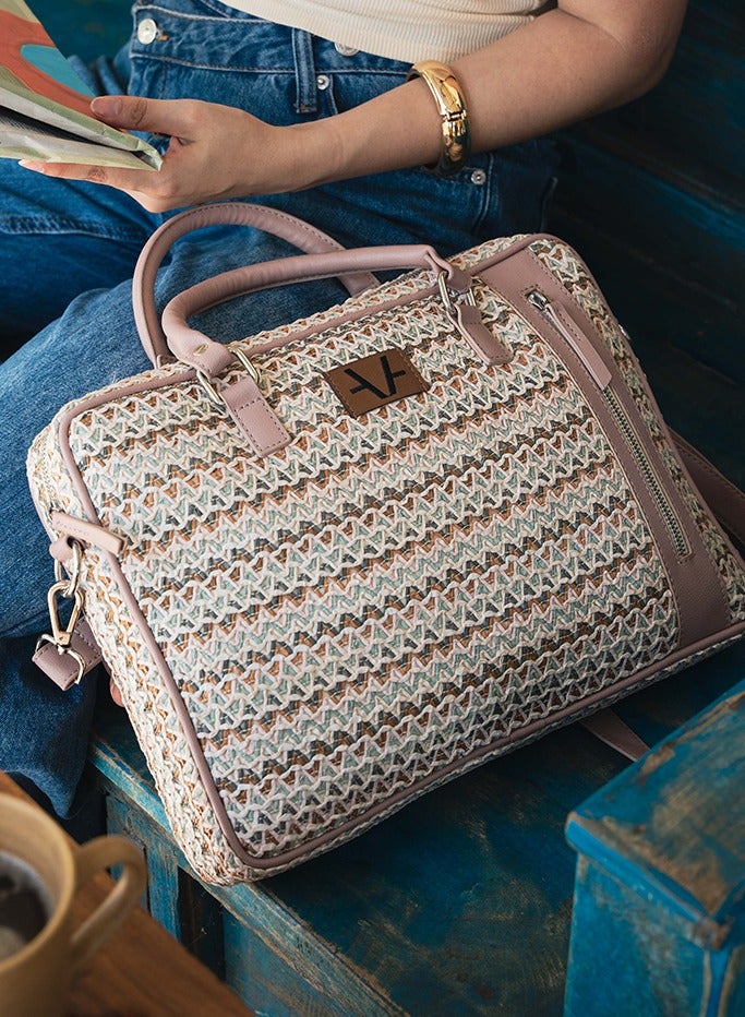 Avake Blush Bloom Raffia Lightweight Sustainable Laptop Bag - Image 1