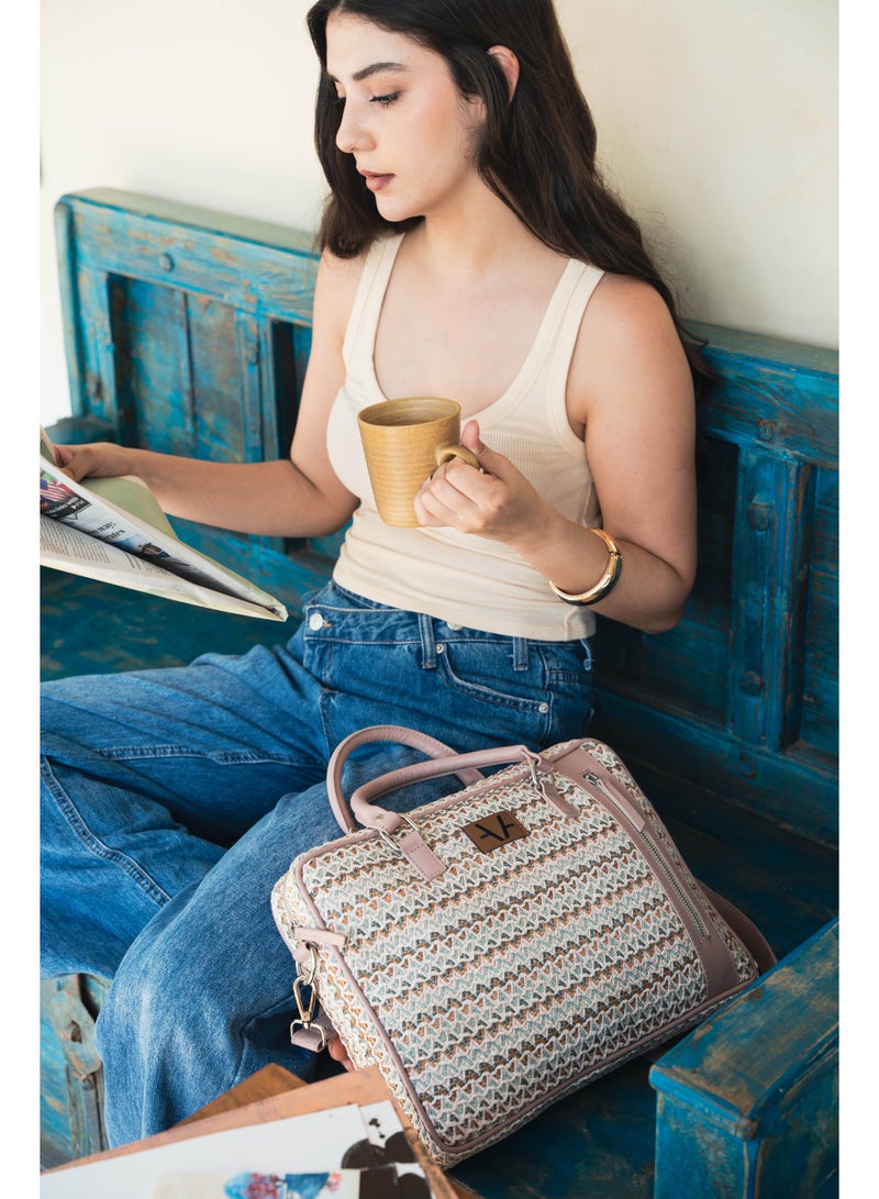 Avake Blush Bloom Raffia Lightweight Sustainable Laptop Bag - Image 2