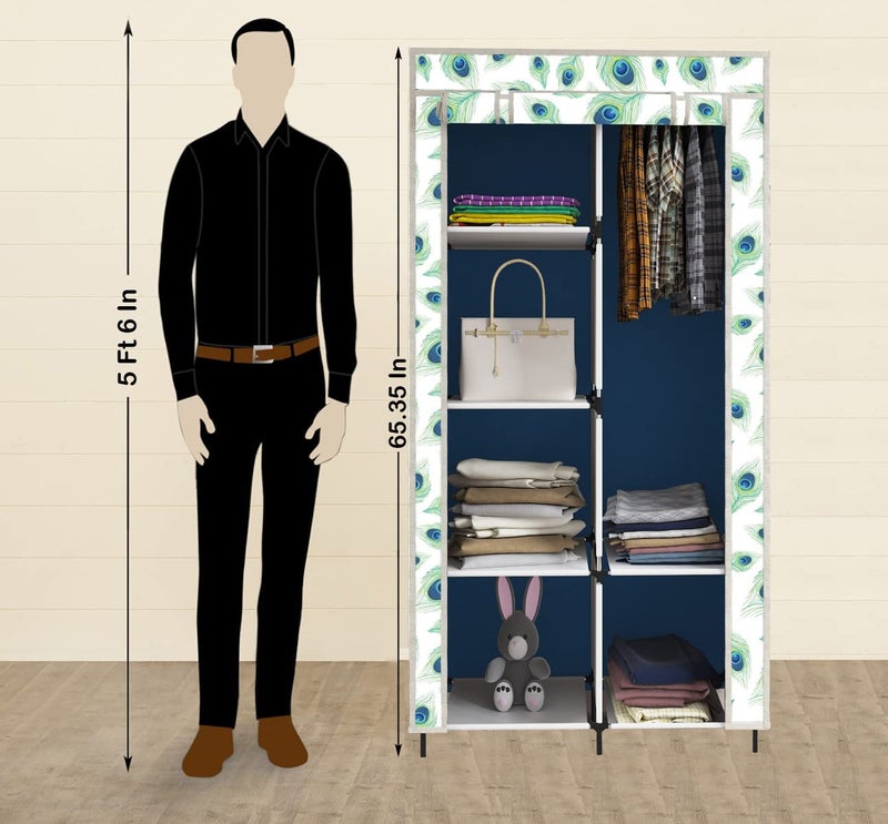 Whitecloud TRANSFORMING HOMES Whitecloud TRANSFORMING HOMES Printed Collapsible Wardrobe Almira for Clothes 1 Hanging Space 6 Shelves 1 Side Pocket NonWoven Fabric 100 GSM P 20013 Peacock Blue  - Image 5
