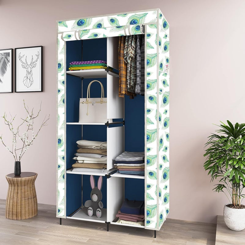 Whitecloud TRANSFORMING HOMES Whitecloud TRANSFORMING HOMES Printed Collapsible Wardrobe Almira for Clothes 1 Hanging Space 6 Shelves 1 Side Pocket NonWoven Fabric 100 GSM P 20013 Peacock Blue  - Image 3
