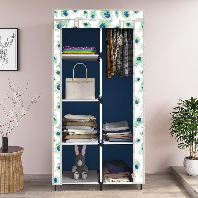 Whitecloud TRANSFORMING HOMES Whitecloud TRANSFORMING HOMES Printed Collapsible Wardrobe Almira for Clothes 1 Hanging Space 6 Shelves 1 Side Pocket NonWoven Fabric 100 GSM P 20013 Peacock Blue  - Image 1