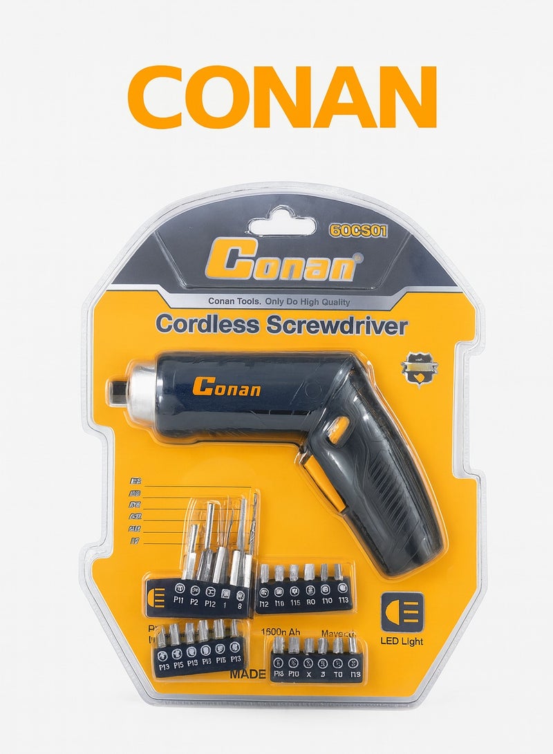 Conan COCS01 3.6V Cordless Screwdriver – 1500mAh Li-ion, 3 N·m, 250 RPM, ¼″ Hex Magnetic Chuck, LED, F/R with 24-Piece Multi-Size Driver & Drill Bit Set - Image 2