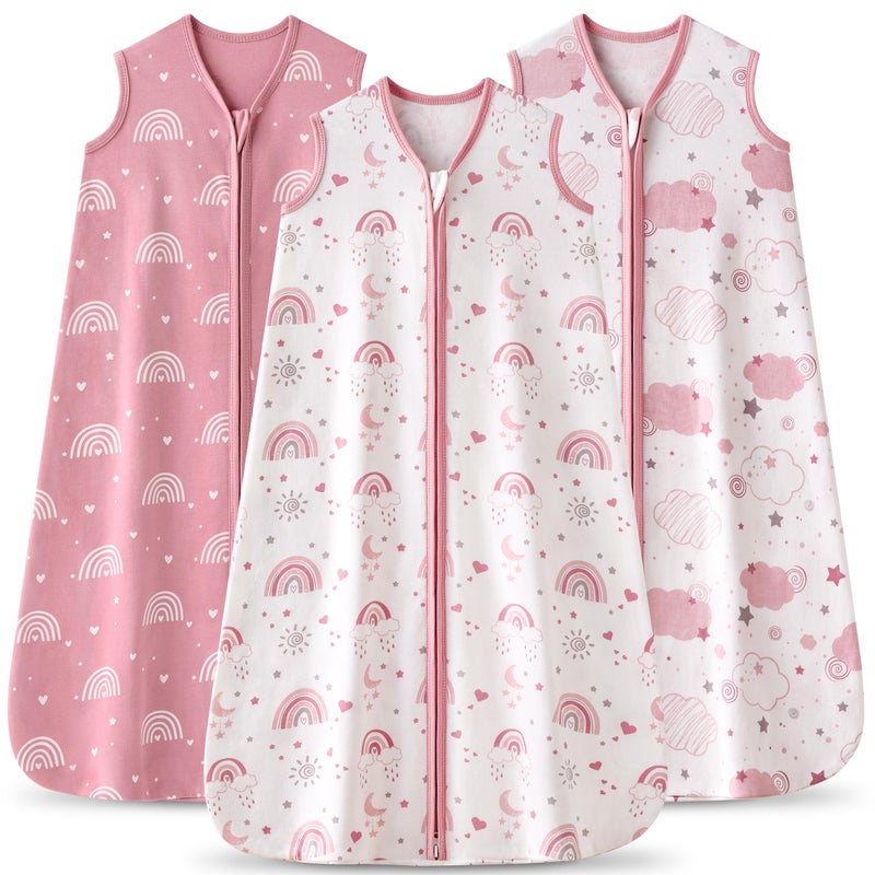 FIEMOL Baby Sleep Sack 612 months 100 Cotton Sleeping Sack for Newborn and Infant 3 Pack Baby Wearable Blanket 05 Tog Lightweight Double Zipper Sleep Bag Medium Pink Rainbow - Image 2