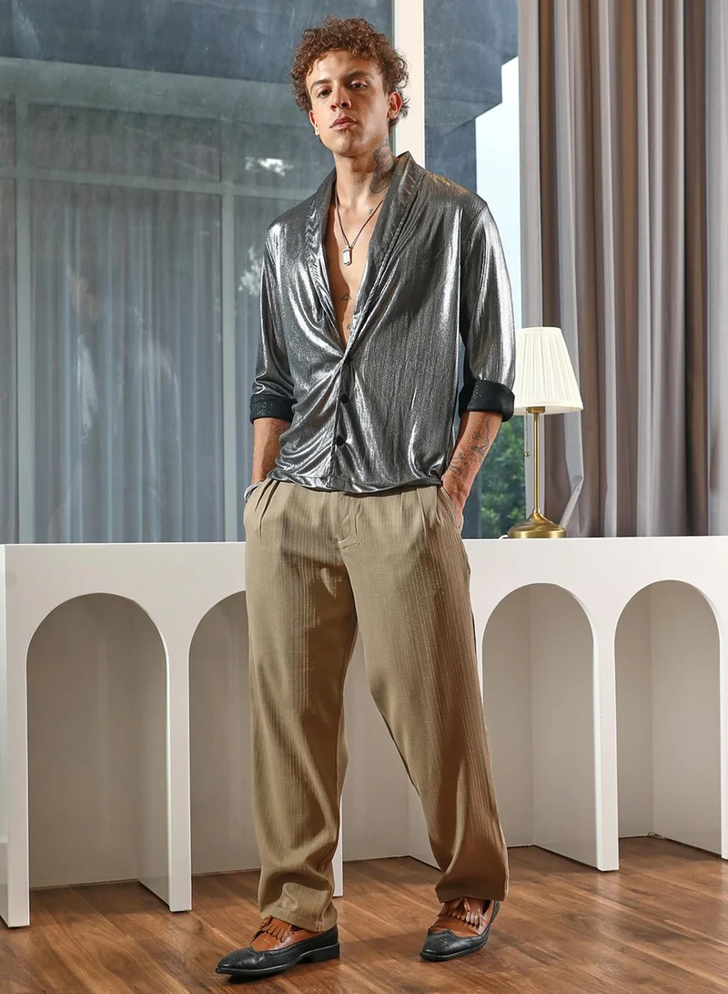 Campus Sutra Campus Sutra Men's Antique Silver Shawl Collar Shirt For Casual Wear | Shawl Collar | Long Sleeve | Button Closure | Shirt Crafted With Comfort Fit For Everyday Wear