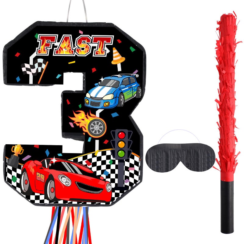 Harrycle Race Car PiÃ±ata Pull String Cars PiÃ±atas for Birthday Party Decorations Number 2 3 4 5 6 with Blindfold Stick Small Red Black Racing Theme 2nd 3rd 4th 5th 6th Party Supplies(Number 3) - Image 1