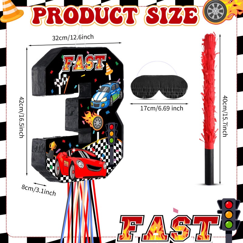 Harrycle Race Car PiÃ±ata Pull String Cars PiÃ±atas for Birthday Party Decorations Number 2 3 4 5 6 with Blindfold Stick Small Red Black Racing Theme 2nd 3rd 4th 5th 6th Party Supplies(Number 3) - Image 2