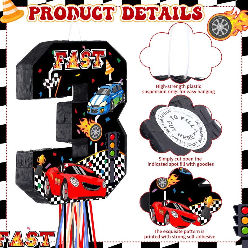 Harrycle Race Car PiÃ±ata Pull String Cars PiÃ±atas for Birthday Party Decorations Number 2 3 4 5 6 with Blindfold Stick Small Red Black Racing Theme 2nd 3rd 4th 5th 6th Party Supplies(Number 3) - Image 3