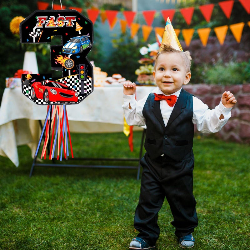 Harrycle Race Car PiÃ±ata Pull String Cars PiÃ±atas for Birthday Party Decorations Number 2 3 4 5 6 with Blindfold Stick Small Red Black Racing Theme 2nd 3rd 4th 5th 6th Party Supplies(Number 3) - Image 5