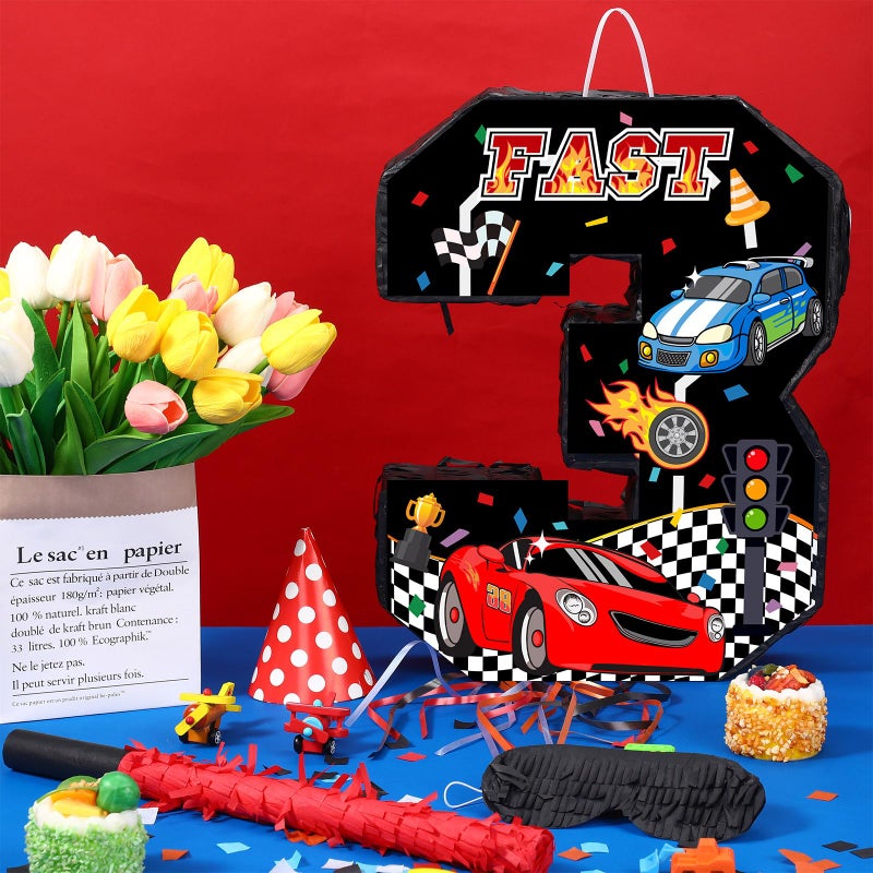 Harrycle Race Car PiÃ±ata Pull String Cars PiÃ±atas for Birthday Party Decorations Number 2 3 4 5 6 with Blindfold Stick Small Red Black Racing Theme 2nd 3rd 4th 5th 6th Party Supplies(Number 3) - Image 4
