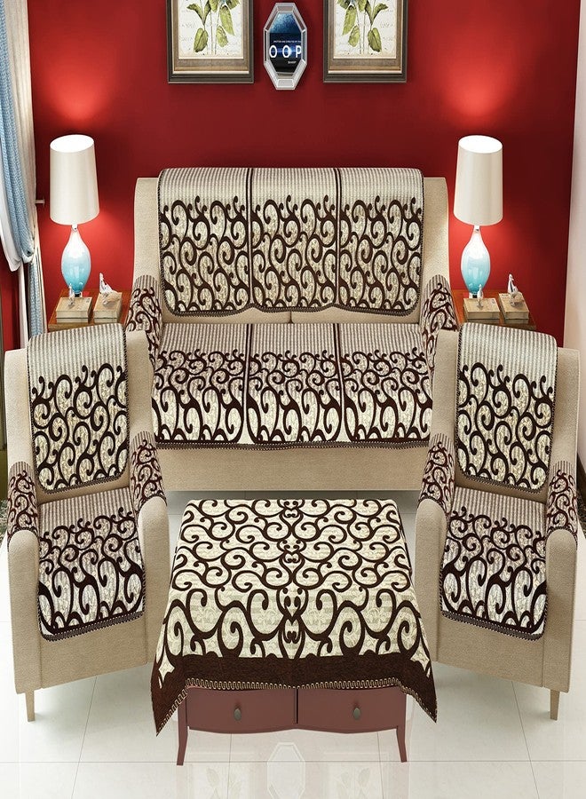 jayvaam SAWNA Homes 5 Seater Sofa Set with Center Table Cover for Living Comfort - 3 and 2 Seater Arm Cover Set for Home Sofa Couch - 16 Pcs Chenille Slip Cover for Furniture Protector, Coffee - Image 1