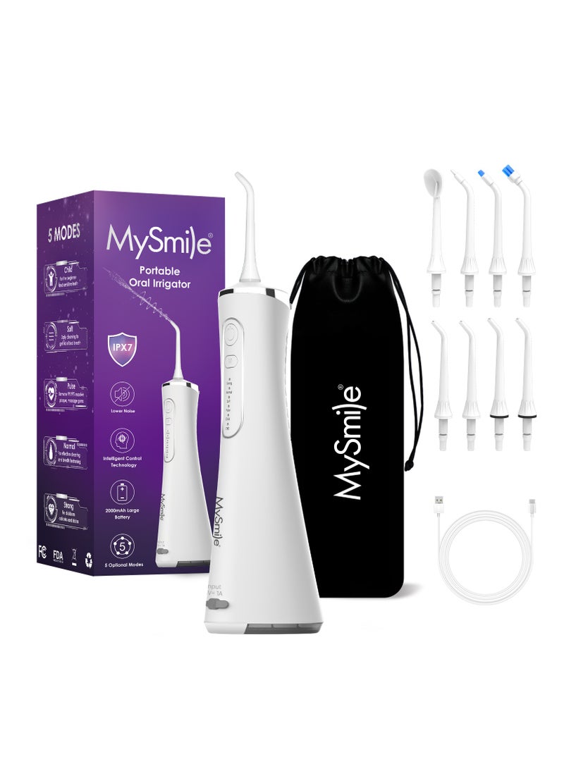 MySmile LP211 Cordless Advanced Water Flosser for Teeth 5 Cleaning Modes Rechargeable Power Dental Flosser 8 Replacement Jet Tips IPX 7 Waterproof Dental Irrigador with Travel Storage Pouch (White) - Image 1