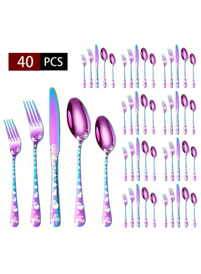 40 قطعة من مجموعة أدوات المائدة الملونة المصنوعة من الفولاذ المقاوم للصدأ بعيد الميلاد بتصاميم سانتا ورقاقات الثلج والرنة - Image 1