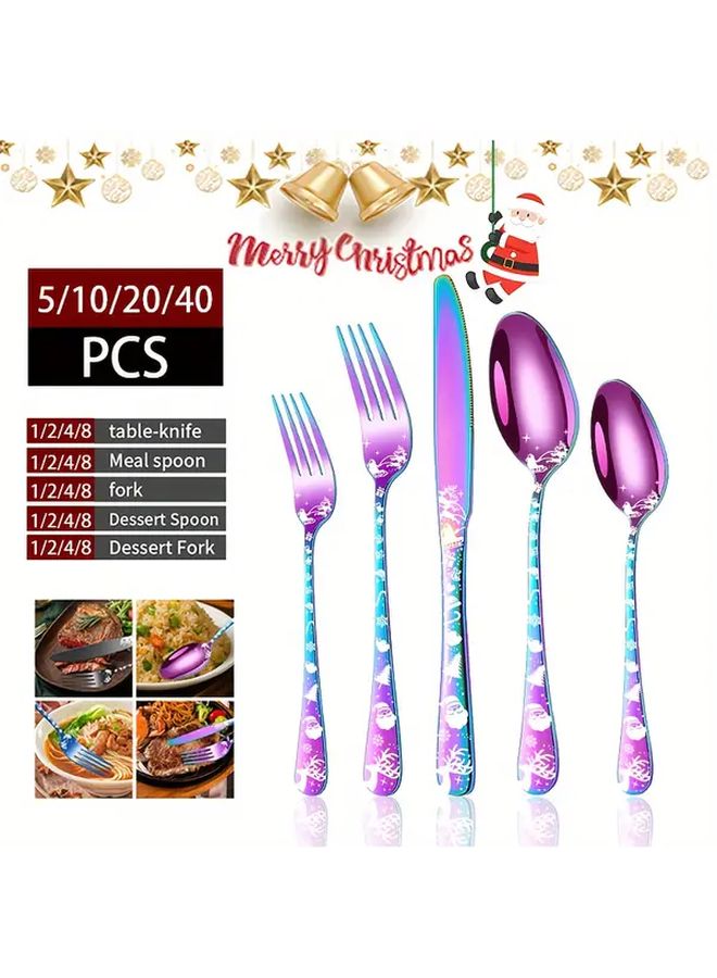 40 قطعة من مجموعة أدوات المائدة الملونة المصنوعة من الفولاذ المقاوم للصدأ بعيد الميلاد بتصاميم سانتا ورقاقات الثلج والرنة - Image 2