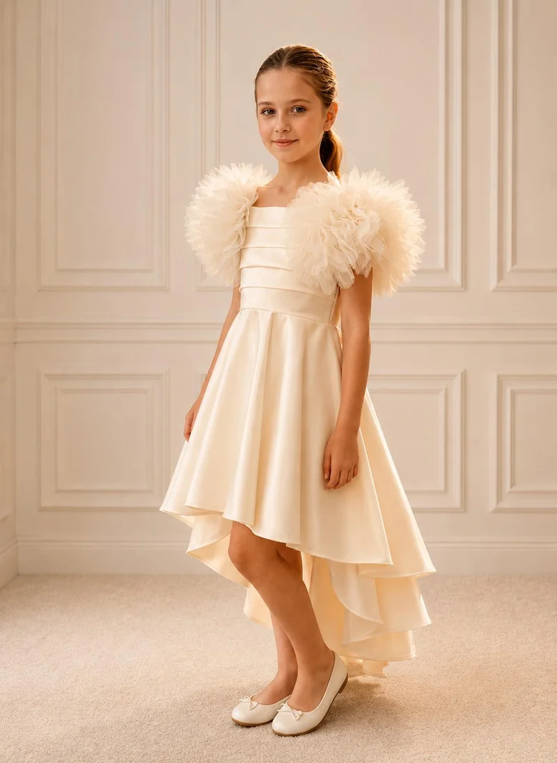 Via Bambino Ivory Ruffle-Sleeve Pleated Satin Gown 5682
