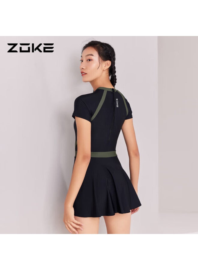Zoke Conservative Slimming One-piece Swimsuit Dress For Women, Tummy Control, Hot Spring Swimwear 122501551 Black/military Green M - Image 2