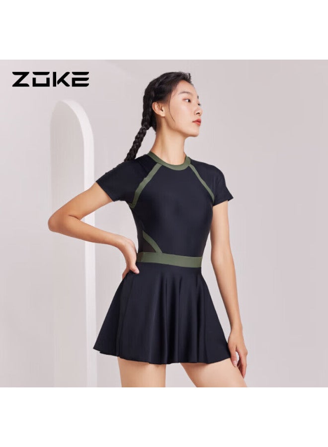 Zoke Conservative Slimming One-piece Swimsuit Dress For Women, Tummy Control, Hot Spring Swimwear 122501551 Black/military Green M - Image 1