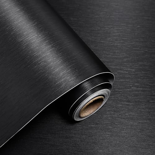 Yun-aeon Yunaeon Metallic Grasscloth Peel and Stick Wallpaper Black Satin Contact Paper 157x 472 Modern Thicken Wall Paper Self Adhesive Removable Vinyl Wallpaper for Kitchen Cabinets Countertops Fridge - Image 1