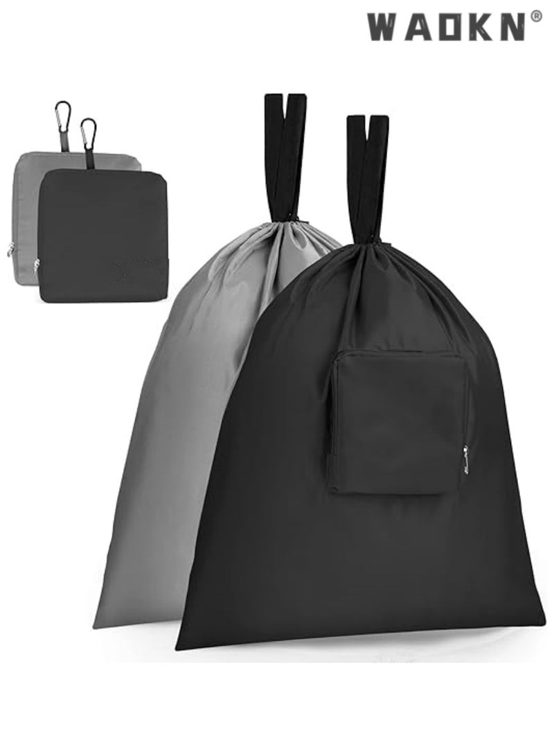 WAOKN Travel Laundry bags, 2 Pack Dirty Laundry Travel Bag, Foldable Dirty Clothes Bag for Traveling, Washable and Small Laundry Bag with Handles for Suitcase, Gym, Camping, Black+Grey - Image 1