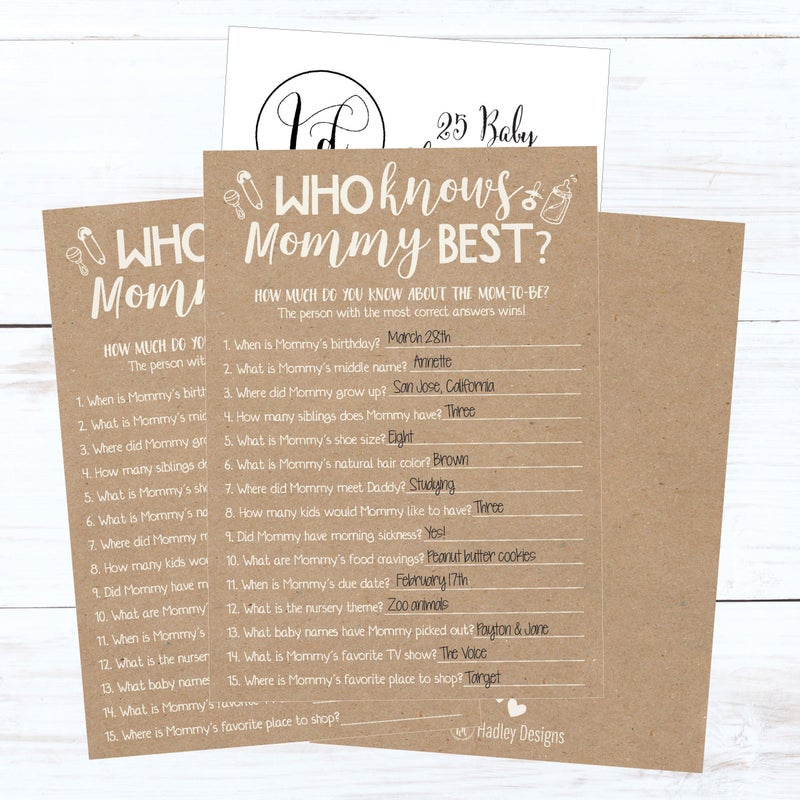 Hadley Designs 25 Rustic Kraft Baby Shower Games Ideas Fun Party Activities Who Knows Mommy Best Gender Neutral Reveal New Parent Guessing Funny Questions Pack For Mom  Dad And Coed Couples - Image 2
