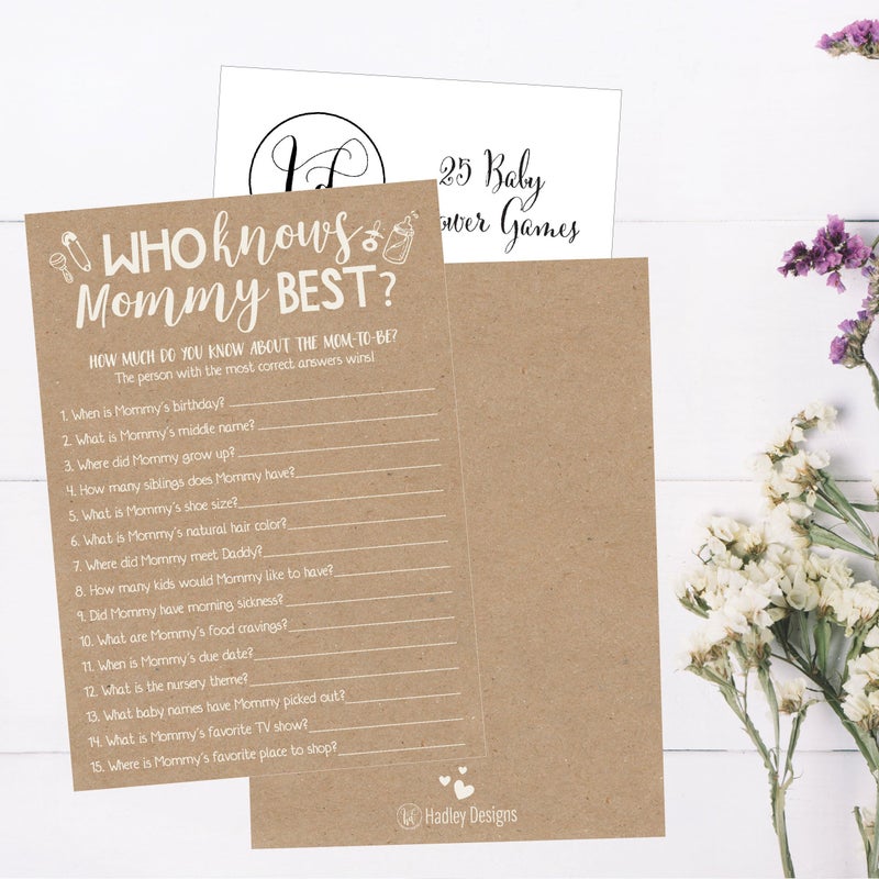 Hadley Designs 25 Rustic Kraft Baby Shower Games Ideas Fun Party Activities Who Knows Mommy Best Gender Neutral Reveal New Parent Guessing Funny Questions Pack For Mom  Dad And Coed Couples - Image 4