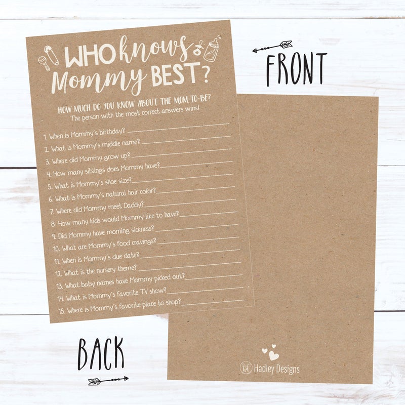 Hadley Designs 25 Rustic Kraft Baby Shower Games Ideas Fun Party Activities Who Knows Mommy Best Gender Neutral Reveal New Parent Guessing Funny Questions Pack For Mom  Dad And Coed Couples - Image 3