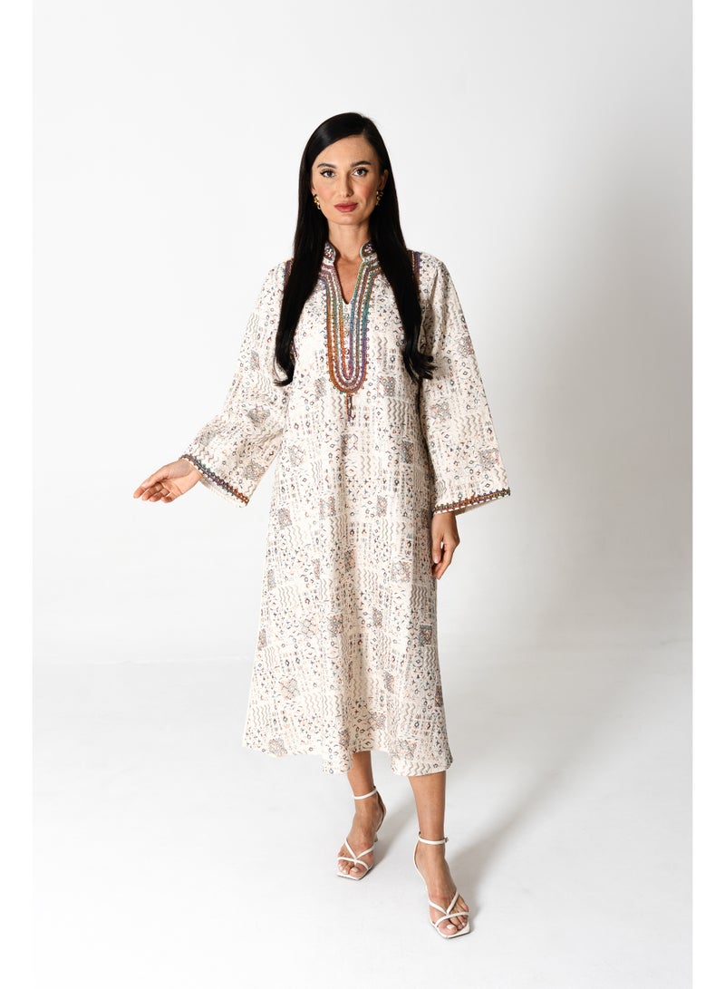 اكسا جلابية انيقة كتان مطرزة - Image 1